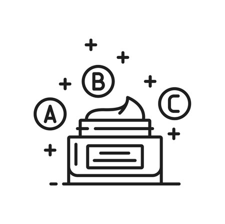 Cream jar icon of face cosmetics with vitamins, line vector for skin care. Facial cream or moisturizer jar container, skincare, hand and body beauty lotion, isolated linear pictogram for cosmeticsのイラスト素材