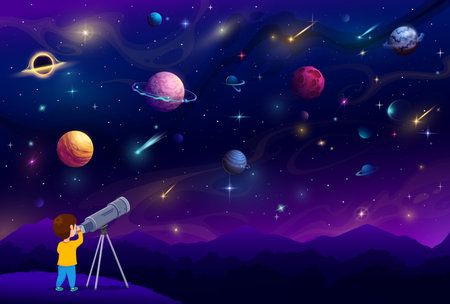 Boy kid looking through a telescope at night sky with cartoon space galaxy planets, vector astronomy science education. Cute boy character observing fantasy universe, stars, asteroids, constellationsのイラスト素材