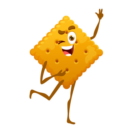 Cartoon cracker funny character. Cheerful cookie cute mascot, sweet dessert isolated vector cheerful personage or winking and shoving victory hand gesture cracker, pastry characterのイラスト素材