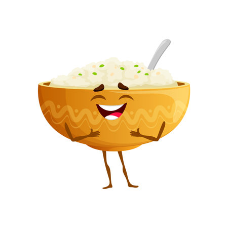Cartoon oatmeal keto diet food character. Healthy nutrition and keto diet cheerful mascot, oatmeal dish or bowl with spoon isolated vector happy smiling personage or healthy food comical characterのイラスト素材