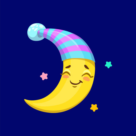 Cartoon cute crescent weather character. Vector funny moon sleep among stars. Adorable personage wearing nightcap hang in night sky with sparkling twinkles around. Whimsical relaxed celestial objectのイラスト素材