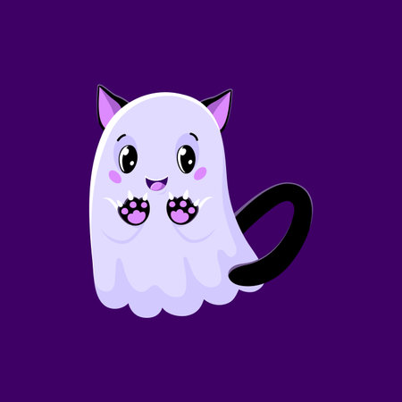 Cartoon cute Halloween kawaii ghost or devil cat kitten, vector funny character for horror holiday. Halloween night spooky ghost or devil kitty with paws and pink horns for trick or treat partyのイラスト素材