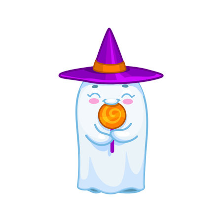 Halloween kawaii ghost character licking a lollipop. Isolated cartoon vector cute spook wear witch pointed hat featuring a friendly smile and playful eyes while enjoying sweet treat at spooky seasonのイラスト素材