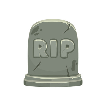 Cartoon Halloween emoji, isolated vector weathered tombstone, with rip inscription, a symbol of remembrance and tribute, marking a final resting place. Monument on the grave, tomb stone with cracksのイラスト素材