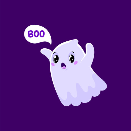 Cartoon cute Halloween kawaii ghost with boo, vector kids character for horror holiday. Halloween night spooky funny ghost flying with scary boo fear for trick or treat party or greeting cardのイラスト素材