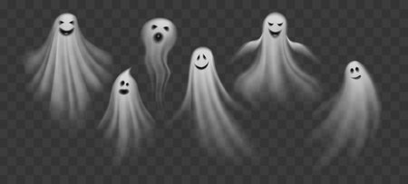 Realistic Halloween ghosts and cartoon boo poltergeist or holiday monsters, vector transparent spirits. Halloween horror night spooky ghosts flying with scary faces and grim smiles for trick or treatのイラスト素材