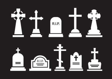 Gravestone and tombstone silhouettes. Tomb stone and headstone. Isolated vector white memorial markers, representing lives lived and paying homage to the departed. Rip granite plates and crosses setのイラスト素材