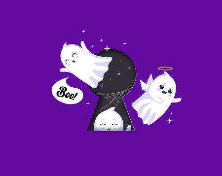 Cartoon Halloween kawaii ghosts flying out from keyhole. Cute vector characters of spooky holiday...
