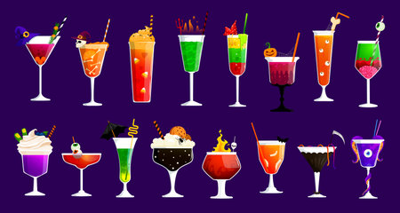 Halloween cocktail drinks for holiday party bar menu with witch potion soda, vector glasses. Halloween holiday festival cocktail drinks and beverages with spooky skull, eye and bone decorationsのイラスト素材