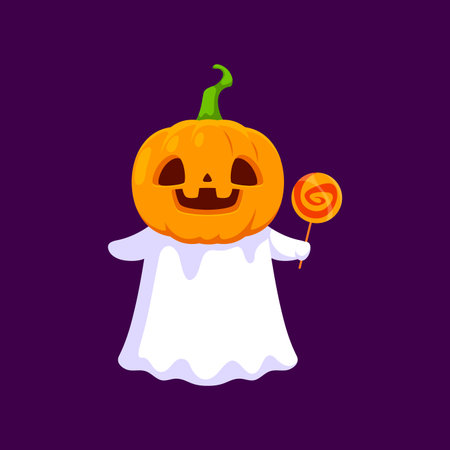 Cartoon Halloween kawaii ghost character wear pumpkin holding a lollipop. Isolated vector cute baby spook personage enjoying sweet treat with jack lantern on head, having fun at spooky holiday seasonのイラスト素材