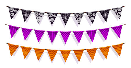 Halloween garland pennants with scary holiday ornaments. Isolated vector black, purple and orange triangular flags adorned with eerie skulls and spiderwebs, creating spooky, haunted festive atmosphereのイラスト素材