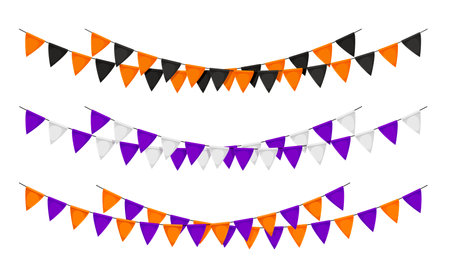 Halloween holiday garland pennants and flags decor, horror night vector decorations. Halloween holiday and trick or treat party banner flags with orange, black and purple colors for celebrationのイラスト素材