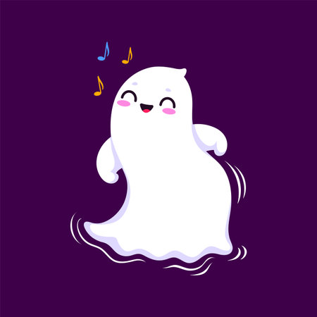 Cartoon Halloween kawaii ghost character dancing with playful moves, wearing a charming smile. Isolated vector cute and adorable white spook adds a delightful and whimsical touch to festive atmosphereのイラスト素材
