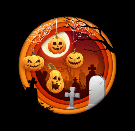 Halloween paper cut banner with pumpkins and cemetery tombstones. 3d vector round frame with cobwebs, spooky jack lanterns on creepy graveyard landscape with eerie trees, stone crosses and tombsのイラスト素材