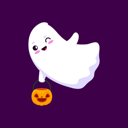 Cartoon halloween kawaii ghost character holding a pumpkin bucket for candy treats, radiating charm spookiness and cuteness. Isolated vector baby spook personage wink eye at trick or treat partyのイラスト素材