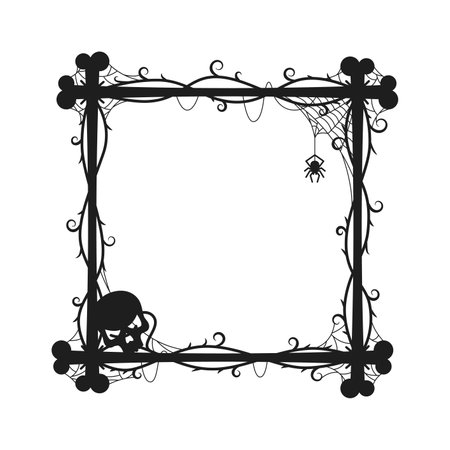 Halloween holiday black frame adorned with skulls, bones, and spiders and cobwebs, capturing the spooky essence of the holiday. Isolated vector square decorative border for displaying eerie memoriesのイラスト素材