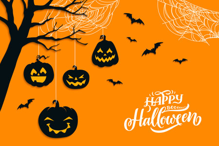 Halloween pumpkins on tree, holiday horror boo bats and cobwebs, vector poster. Happy Halloween greeting card and creepy night party poster with creepy spooky pumpkins and spiderweb on tree silhouetteのイラスト素材