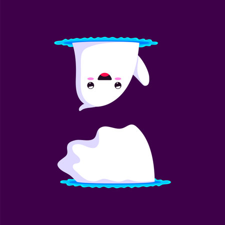 Cartoon Halloween kawaii ghost character. Isolated vector cute spook glides playfully through portal with whimsy and smile. Adorable baby phantom with charming funny presence pass through wallsのイラスト素材