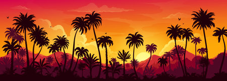 Tropical jungle sunset or sunrise forest landscape silhouette. Exotic forest palm trees and mountains vector nature background with bright yellow sun and sky. Rainforest at evening game scene backdropのイラスト素材