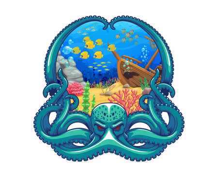 Underwater landscape with octopus frame. Cartoon sea under water world vector background of sunken ship on coral reef bottom with tropical fish, seaweeds and bubbles in octopus tentacles round frameのイラスト素材