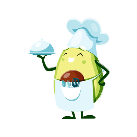 Cartoon avocado chef character with tray, ready to serve up delicious meals with a smile. Isolated vector vegetable personage wear toque and apron perform tasty restaurant dishes and culinary flairのイラスト素材