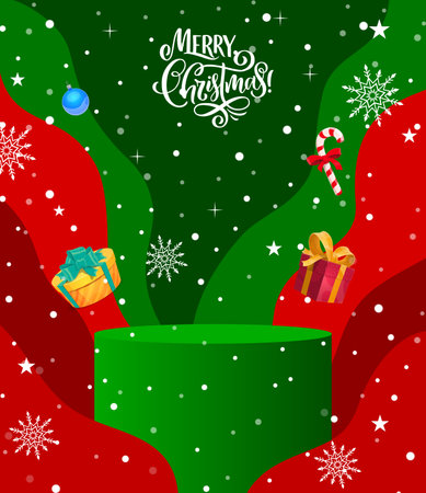 Christmas podium, vector background with 3d cylinder pedestal or platform for winter seasonal xmas sales. Scene with gifts, stage in festive red and green colors for holiday products displayingのイラスト素材