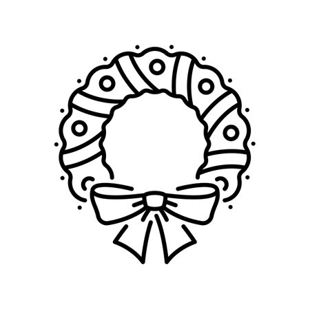 Christmas wreath line icon. New Year festive minimal icon, winter season celebration or Xmas holiday line vector sign or outline symbol with advent and Christmas decorationのイラスト素材