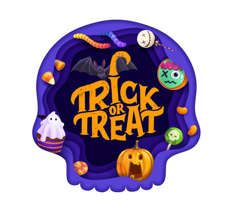 Halloween sweets paper cut banner. Vector holiday background with desserts, jack lantern and cartoon bat. 3d effect papercut frame in shape of human cranium, with trick or treat candies and lollipopsのイラスト素材