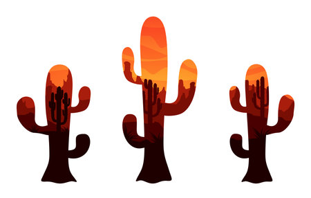 Mexican desert landscape with cactus silhouettes in double exposition, vector icons. Western desert landscape of Texas, Arizona valley or Mexican mountain rocks and canyons in cactus double expositionのイラスト素材