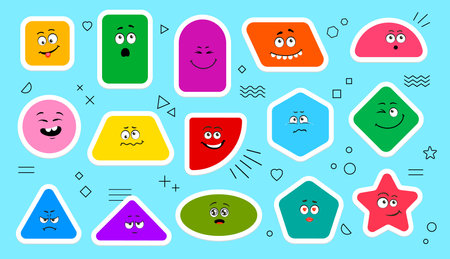Math figure shape stickers, cute geometric characters with cartoon faces, vector icons. Funny square, circle and star or rhombus and triangle geometric math shapes for school or kindergarten educationのイラスト素材