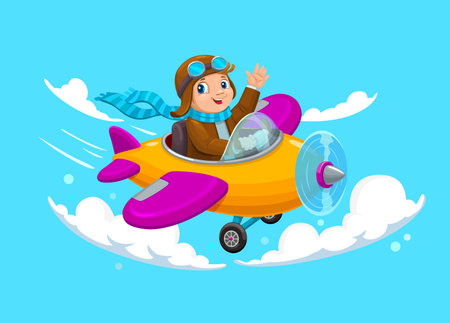 Cartoon kid flying on plane at cloudy sky. Child pilot on airplane. Vector smiling aviator engage on aircraft travel. Adventurous boy soaring through the cloudscape, filled with excitement and wonderのイラスト素材