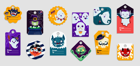 Halloween holiday gift tags. Isolated vector badges with cute ghosts, skull in bowl hat, witch with cauldron. Zombie, pirate, devil and bat with spook vampire. Decorative festive cards for presentsのイラスト素材