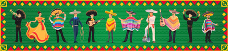 Mexican characters, mariachi musicians, charro cowboy, dancing woman and jimador, cartoon vector banner. Mexican holiday fiesta people in traditional Latin sombrero and poncho with guitars and maracasのイラスト素材