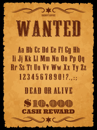 Rodeo font, Wild West type, Western typeface, vintage english alphabet, vector typography. Old Texas cowboy letters and numbers. Wanted poster abc font set on grunge background with sheriff starsのイラスト素材