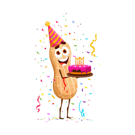 Cartoon peanut nut character on birthday holiday. Kids birthday greeting nut comical personage, children congratulating or holiday event snack, peanut isolated vector happy mascot with sweet cakeのイラスト素材