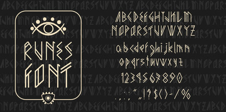 Viking runes font. Scandinavian type, ancient typeface. Nordic alphabet vector font set of gothic letters and numbers with medieval celtic typography elements and runic ethnic symbols, viking alphabetのイラスト素材