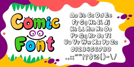 Comics bubble font, cartoon type, balloon typeface, fat alphabet, vector typography. Funny kids letters and numbers font for comics book, graffiti street art or birthday party invitation cardのイラスト素材