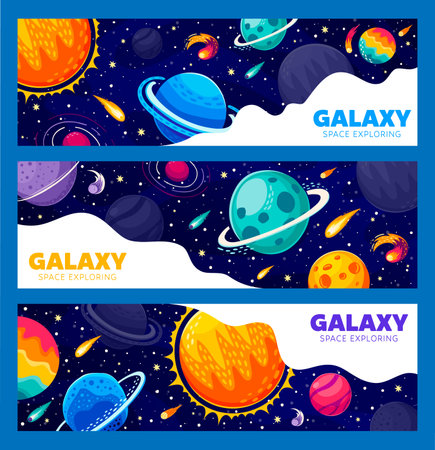 Galaxy space exploring banners. Solar System, galaxy planets and stars. Universe research, astronomy discovery or galaxy exploration vector horizontal banners with cartoon Sun, Saturn, Moon and starsのイラスト素材