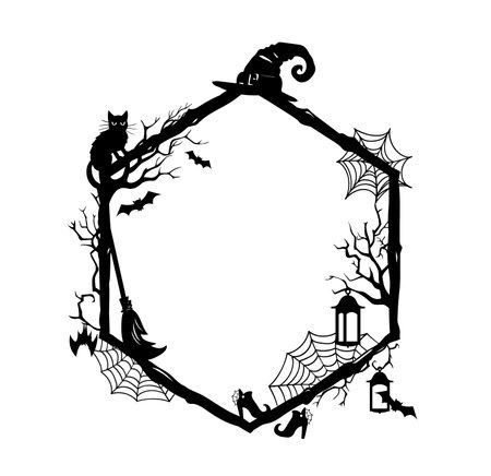 Halloween holiday black frame with silhouettes of cobwebs, witch hat and boot, broomstick, black cat, lantern and flying bats. Isolated vector decorative hexagonal border or vignette with spooky decorのイラスト素材