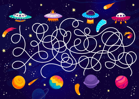 Labyrinth maze quiz game. Help to UFO saucer find a home planet kids puzzle vector worksheet on starry space landscape background. Cartoon comets, stars and nebulae, planets and alien spacecraft gameのイラスト素材