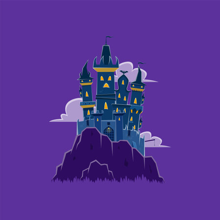 Halloween castle stands atop a rugged rock, its ominous silhouette against the moonlit cloudy sky, beckoning brave souls to explore mysteries, its ancient stone walls whisper tales of ghostly legendsのイラスト素材