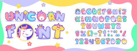 Cartoon unicorn font, magic type, fairy horse typeface, funny animals english alphabet vector typography. Unicorn letters and numbers abc font with princess crowns, rainbows, gold stars and flowersのイラスト素材