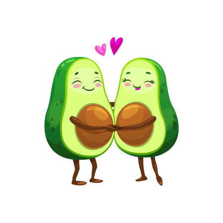 Cartoon Mexican avocado character couple in love with hearts, vector emoji or kawaii emoticon. Happy avocado couple or friends holding by hands with hearts, kids cheerful avocado food personagesのイラスト素材