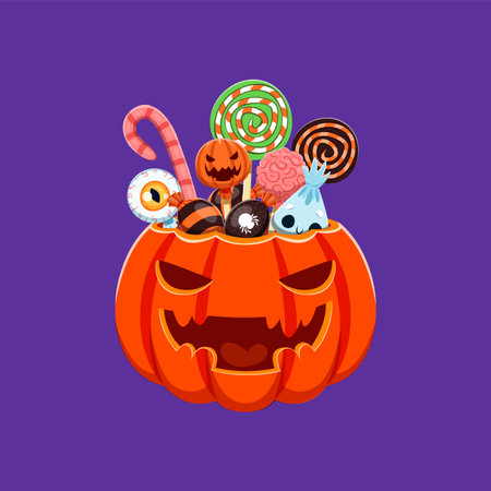 Halloween sweets in pumpkin. Vector delightful treats nestled within a carved jack lantern bucket. Lollipops, candy canes and chocolate create a festive and tasty surprise for the seasonal festivitiesのイラスト素材