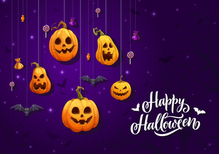 Scary Halloween pumpkins and sweets for holiday night horror, spooky cartoon vector characters. Happy Halloween greeting card with pumpkin lanterns, flying bats and lollipops for trick or treat partyのイラスト素材