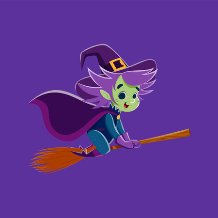 Halloween witch character soars astride her broomstick, casting spells and spreading enchantment on all hallows eve. Isolated cartoon vector personage of cute hag with green face flying on broomのイラスト素材