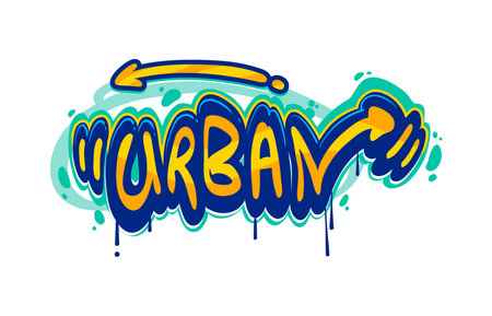 Urban word graffiti in street art paint airbrush or spray lettering artwork, vector text. Graffiti word Urban with yellow blue paint leak drips on wall, hipster and street art letters with arrowsのイラスト素材