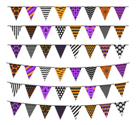 Halloween holiday garland pennants of black, orange and purple flags, vector decorations. Happy Halloween and trick or treat party celebration flags with pumpkin lantern or witch hat pattern ornamentのイラスト素材