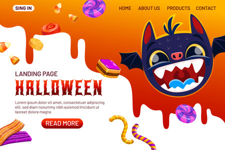Halloween landing page with devil character and holiday sweets. Vector web banner with cartoon creepy bat, jelly worms, corn candies, toffee and liquorice on bright white and orange backgroundのイラスト素材