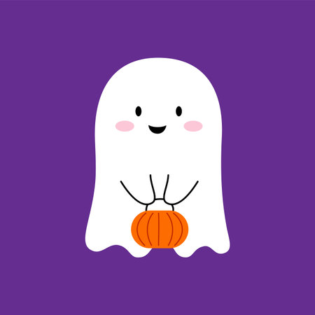 Cartoon Halloween kawaii ghost character with pumpkin bag, horror night holiday vector funny boo. Halloween trick or treat party cheerful cute ghost with pumpkin basket , kids kawaii poltergeistのイラスト素材